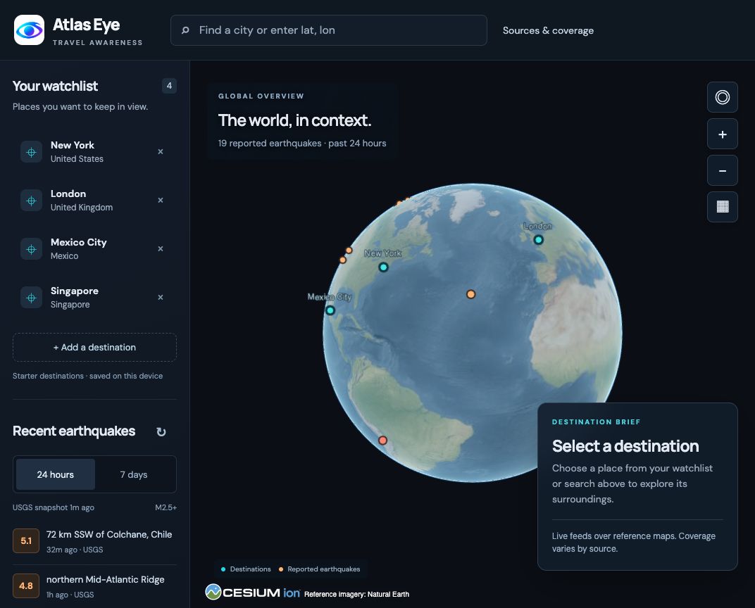 Static screenshot of the Atlas Eye app: a 3D globe with a saved-places watchlist, recent earthquakes and a destination brief panel