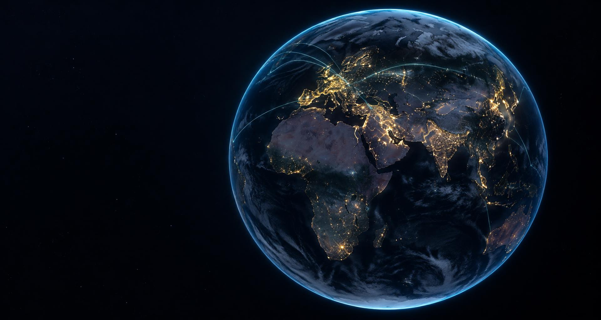 Earth at night, glowing city lights connected by thin cyan flight arcs